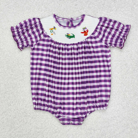 SR2060 Embroidery  western crocodile cray fish Mardi Gras purple girl romper 202501 sibling