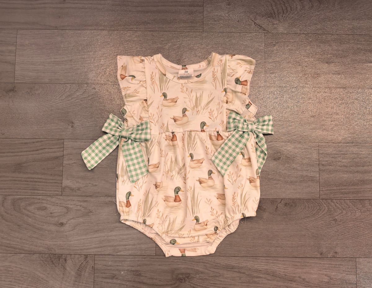 Sample-Real Pics SR2257 Baby Girl Clothes Mallard Duck Watergrass Allover Print Sleeveless Side Bow Bubble Romper