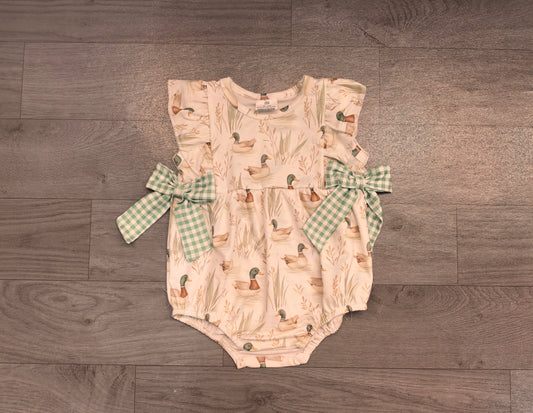 Sample-Real Pics SR2257 Baby Girl Clothes Mallard Duck Watergrass Allover Print Sleeveless Side Bow Bubble Romper
