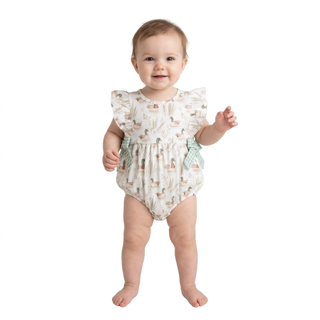 NO MOQ RTS SR2257 Baby Girl Clothes Mallard Duck Gingham Mixed Print Sleeveless Ruffle Bow Bubble Romper 202610
