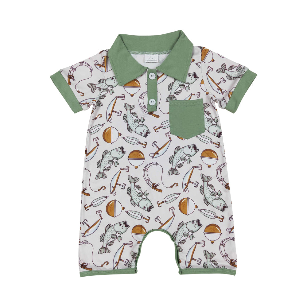 NO MOQ RTS SR2472 Baby Boy Clothes Fishing Bass Fish Print Short Sleeve Polo Romper 202610