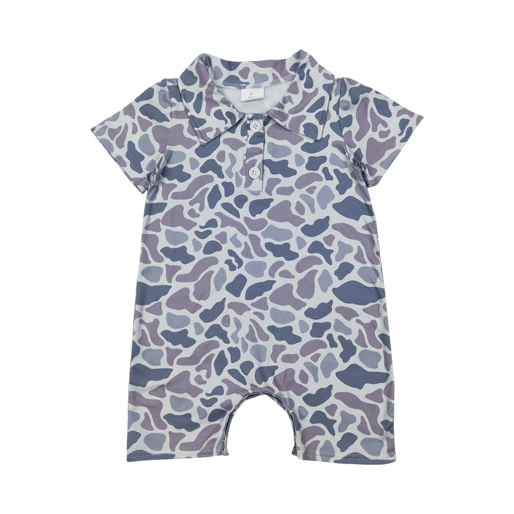 NO MOQ RTS SR2973 Baby Boy Clothes Grey Purple Camo Print Short Sleeve Polo Romper 202610