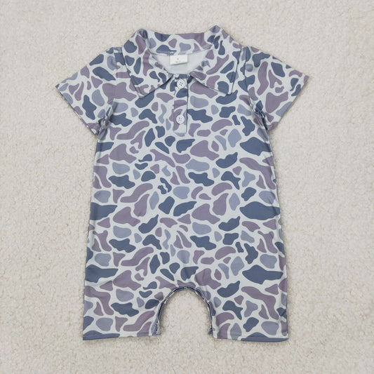 NO MOQ RTS SR2973 Baby Boy Clothes Grey Purple Camo Print Short Sleeve Polo Romper 202610