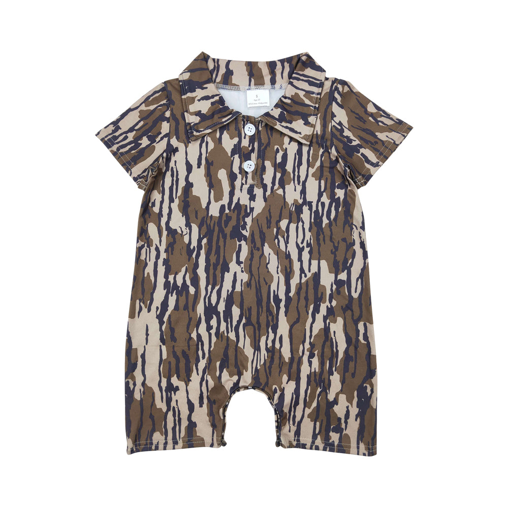 NO MOQ RTS SR2976 Baby Boy Clothes Brown Bark Camo Print Short Sleeve Polo Romper 202610