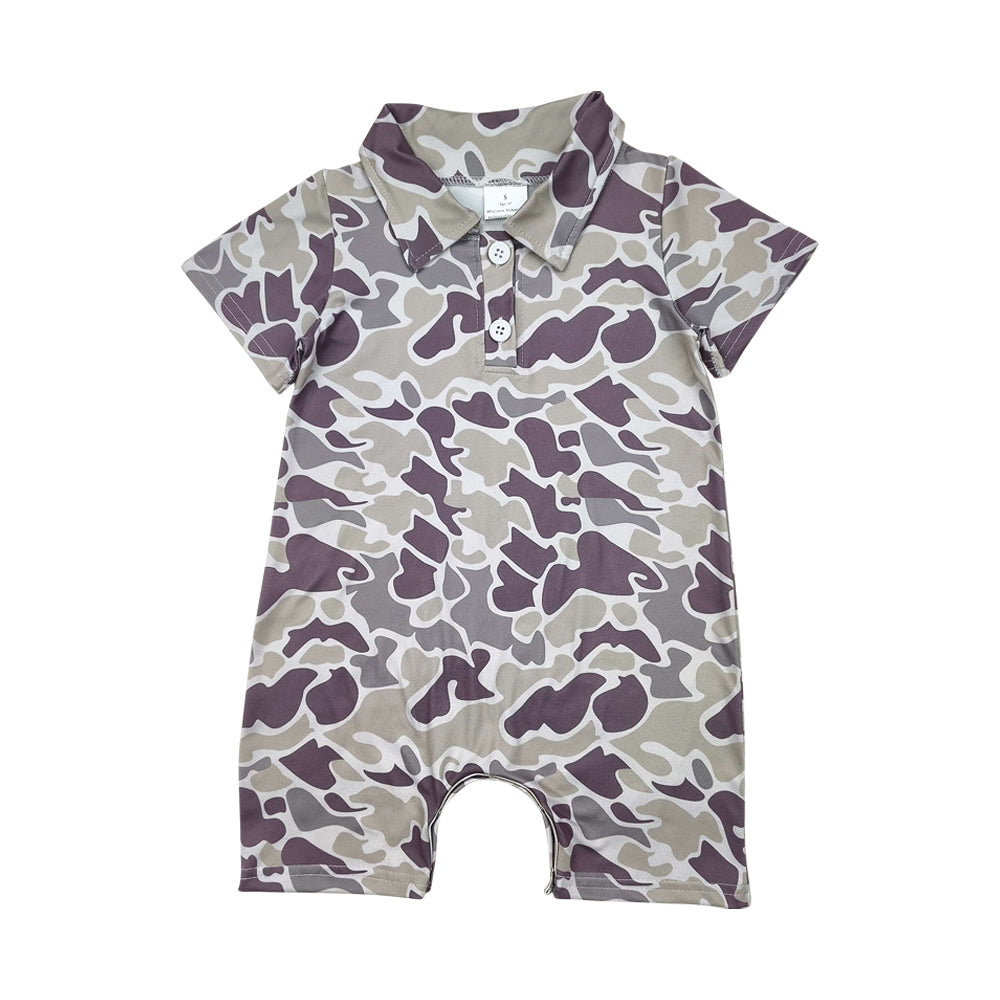NO MOQ RTS SR2977 Baby Boy Clothes Dusty Purple Camo Print Short Sleeve Polo Romper 202610