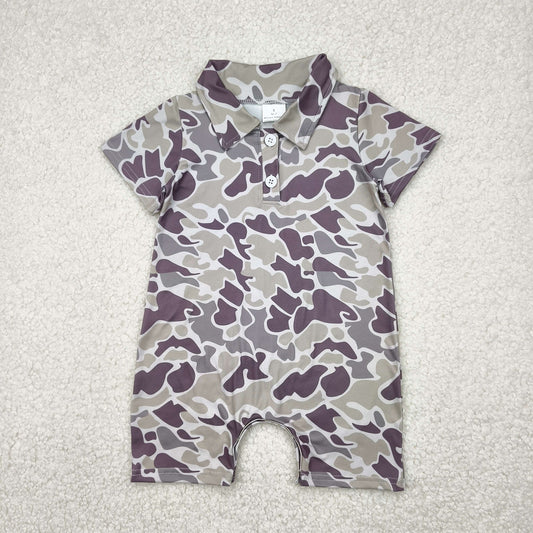 NO MOQ RTS SR2977 Baby Boy Clothes Dusty Purple Camo Print Short Sleeve Polo Romper 202610