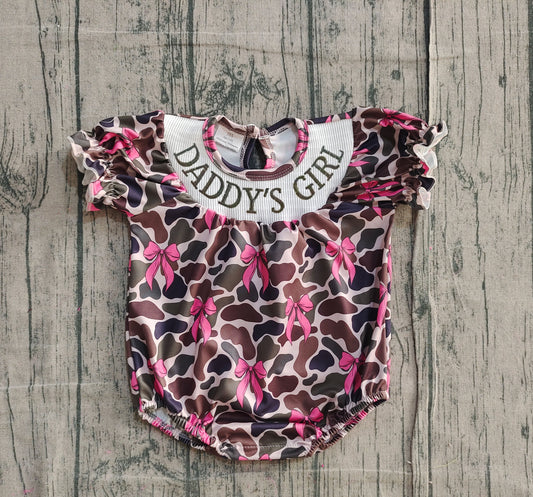 SR3105-smocked  daddy‘s girl  camo bow sibling  romper kids summer romper 202511 preorder