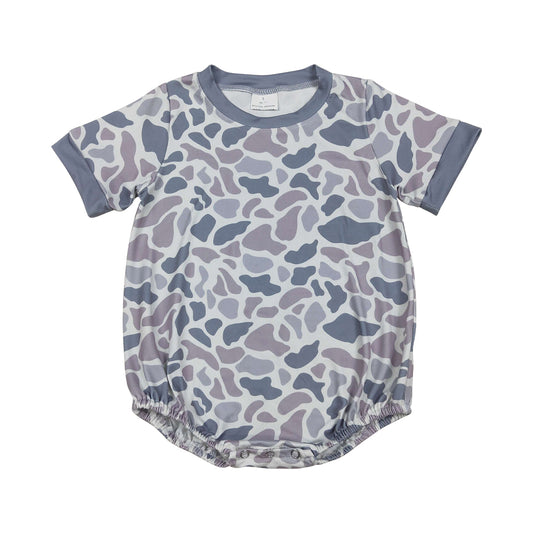 NO MOQ RTS SR3243 Baby Boy Clothes Dusty Lavender Grey Camo Print Short Sleeve Bubble Romper 202610