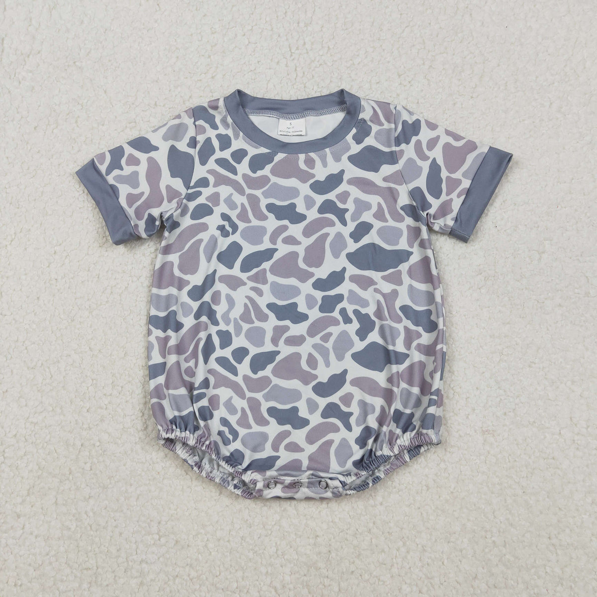 NO MOQ RTS SR3243 Baby Boy Clothes Dusty Lavender Grey Camo Print Short Sleeve Bubble Romper 202610