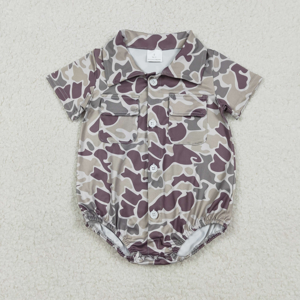 NO MOQ RTS SR3652 Baby Boy Clothes Mauve Grey Camo Print Short Sleeve Pocket Shirt Bubble Romper 202610