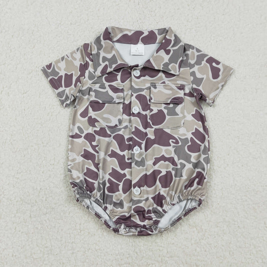 NO MOQ RTS SR3652 Baby Boy Clothes Mauve Grey Camo Print Short Sleeve Pocket Shirt Bubble Romper 202610