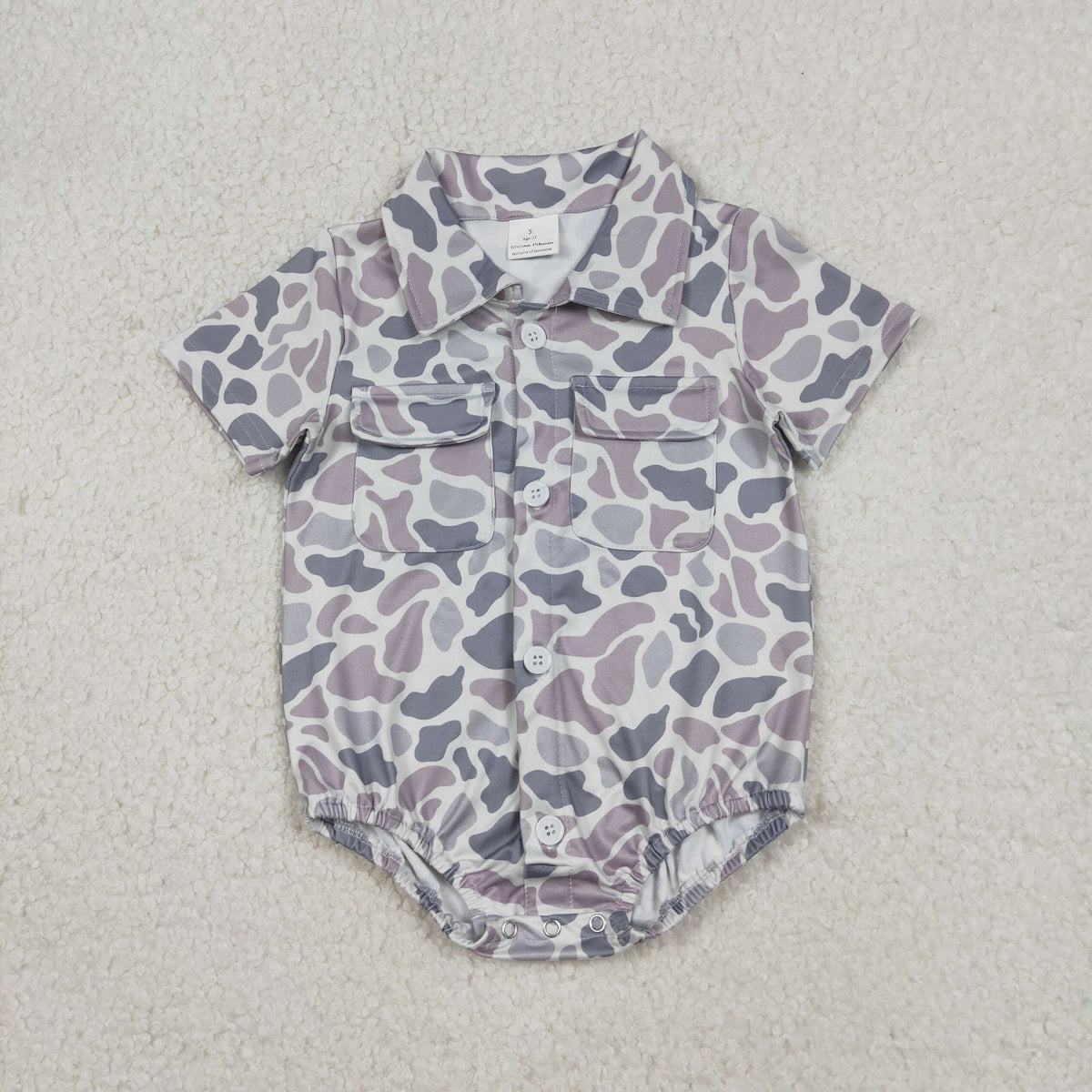 NO MOQ RTS SR3654 Baby Boy Clothes Lavender Grey Camo Print Short Sleeve Pocket Shirt Bubble Romper 202610