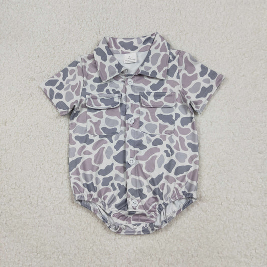 NO MOQ RTS SR3654 Baby Boy Clothes Lavender Grey Camo Print Short Sleeve Pocket Shirt Bubble Romper 202610
