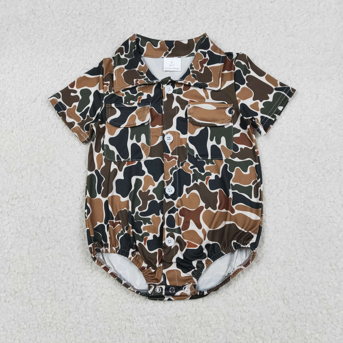 NO MOQ RTS SR3656 Baby Boy Clothes Classic Hunting Camo Print Short Sleeve Pocket Shirt Bubble Romper 202610