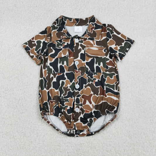 NO MOQ RTS SR3656 Baby Boy Clothes Classic Hunting Camo Print Short Sleeve Pocket Shirt Bubble Romper 202610