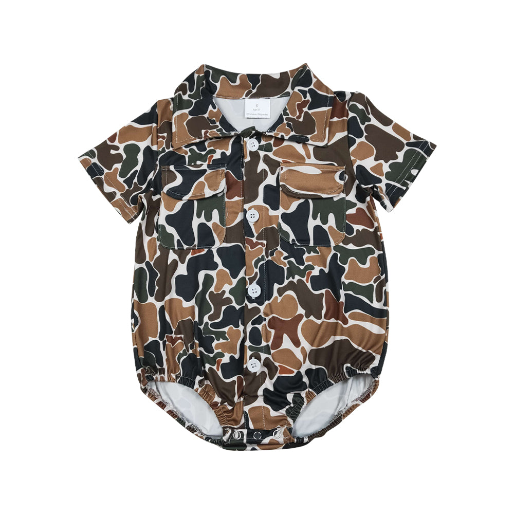 NO MOQ RTS SR3656 Baby Boy Clothes Classic Hunting Camo Print Short Sleeve Pocket Shirt Bubble Romper 202610