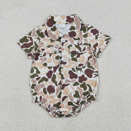 NO MOQ RTS SR3657Baby Boy Clothes Deer Turkey Camo Print Short Sleeve Pocket Shirt Bubble Romper 202610