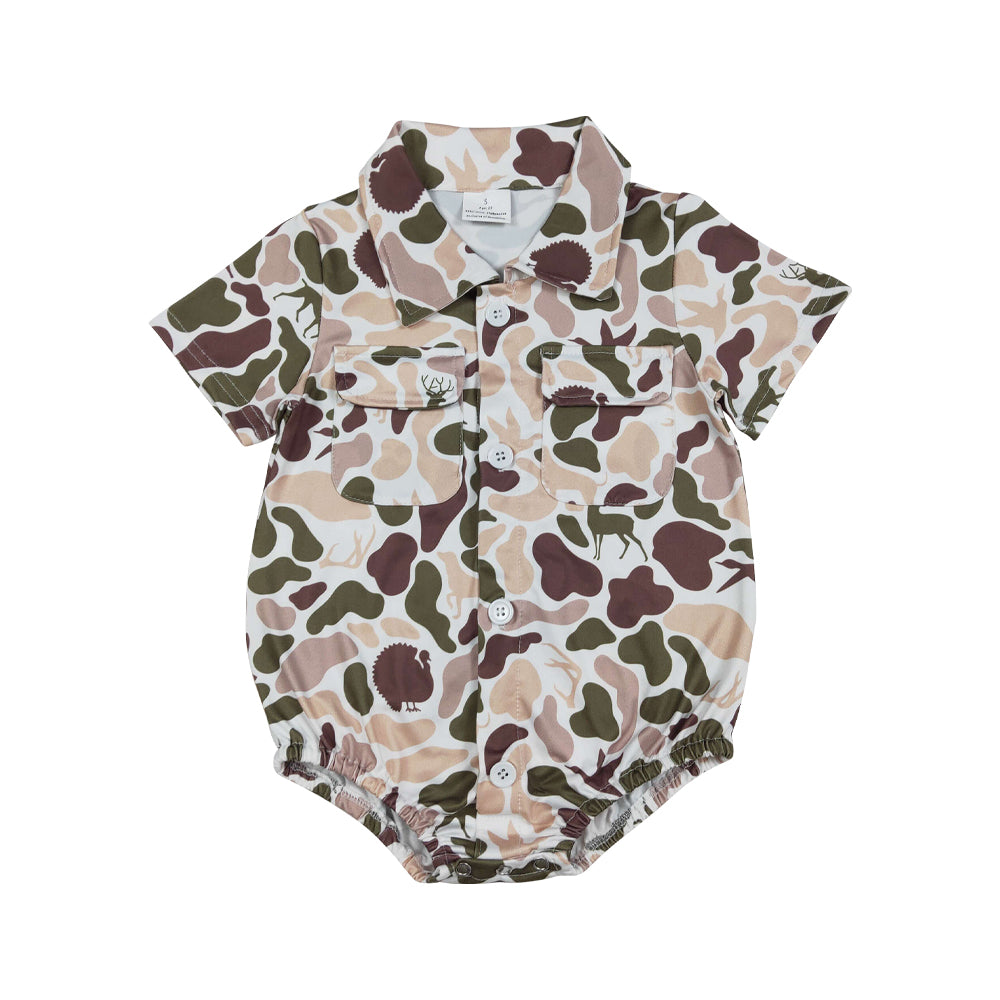 NO MOQ RTS SR3657Baby Boy Clothes Deer Turkey Camo Print Short Sleeve Pocket Shirt Bubble Romper 202610