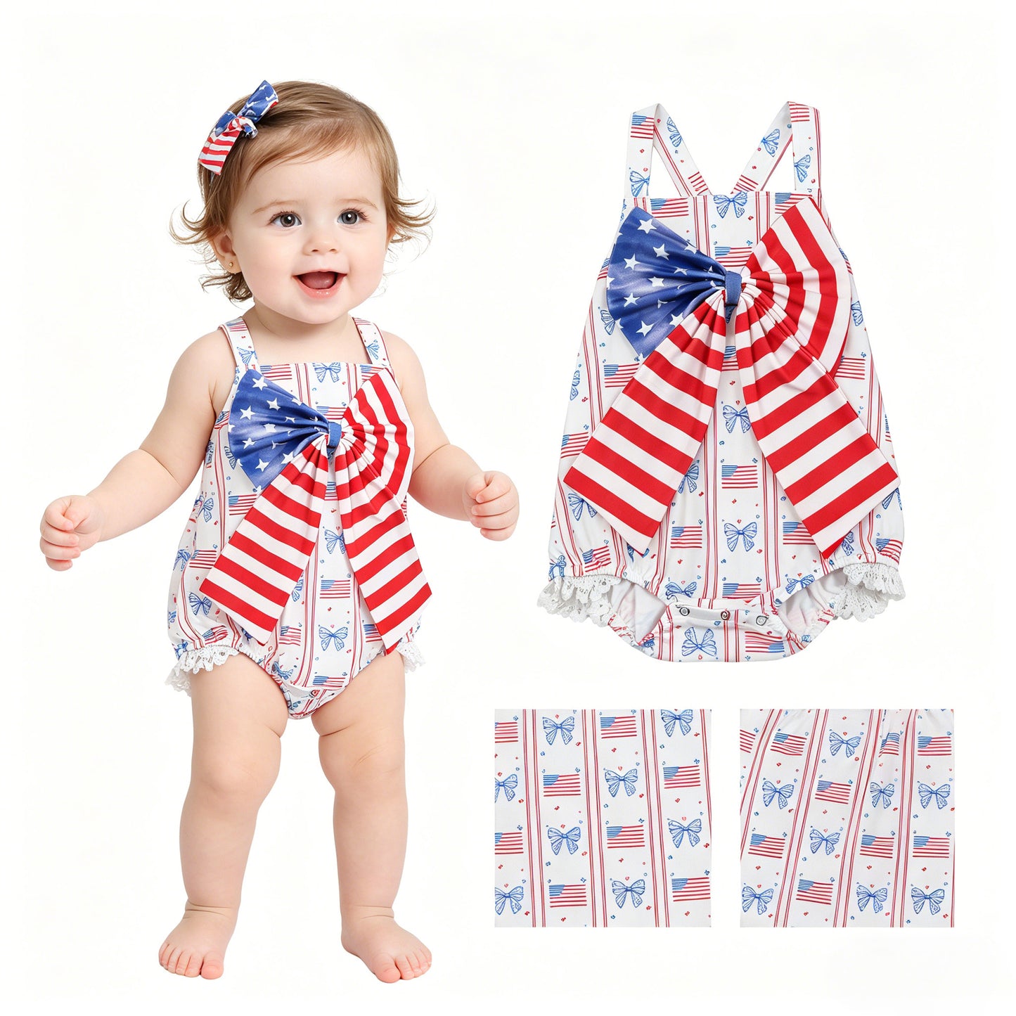 SR3862 USA 4TH July girl bow summer romper 202605  RTS