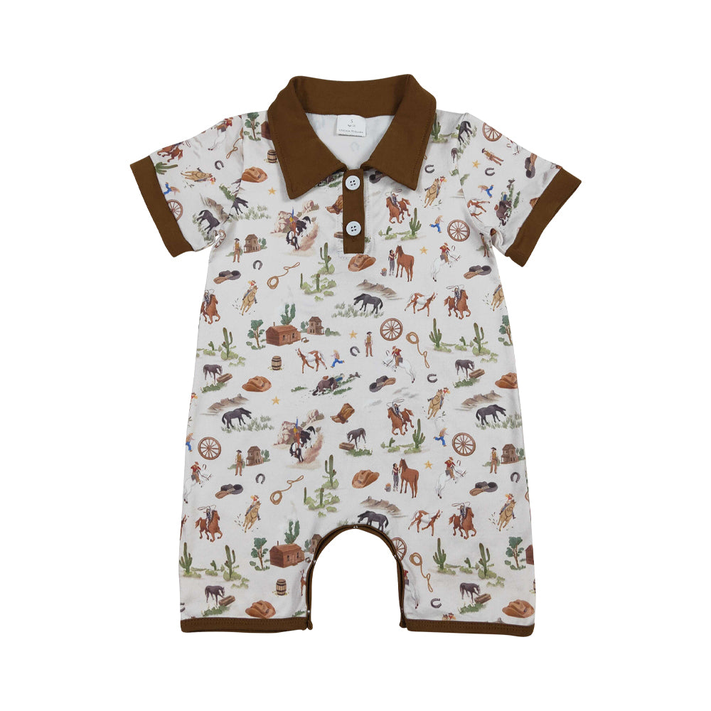 NO MOQ RTS SR3882 Baby Boy Clothes Western Cowboy Scene Print Short Sleeve Polo Romper 202610