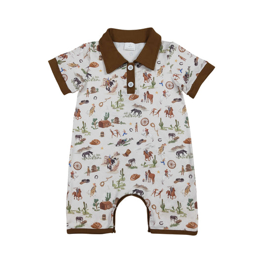 NO MOQ RTS SR3882 Baby Boy Clothes Western Cowboy Scene Print Short Sleeve Polo Romper 202610