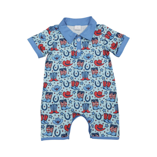 NO MOQ RTS SR3884 Baby Boy Clothes Cowboy Boot Hat Horseshoe Print Short Sleeve Polo Romper 202610