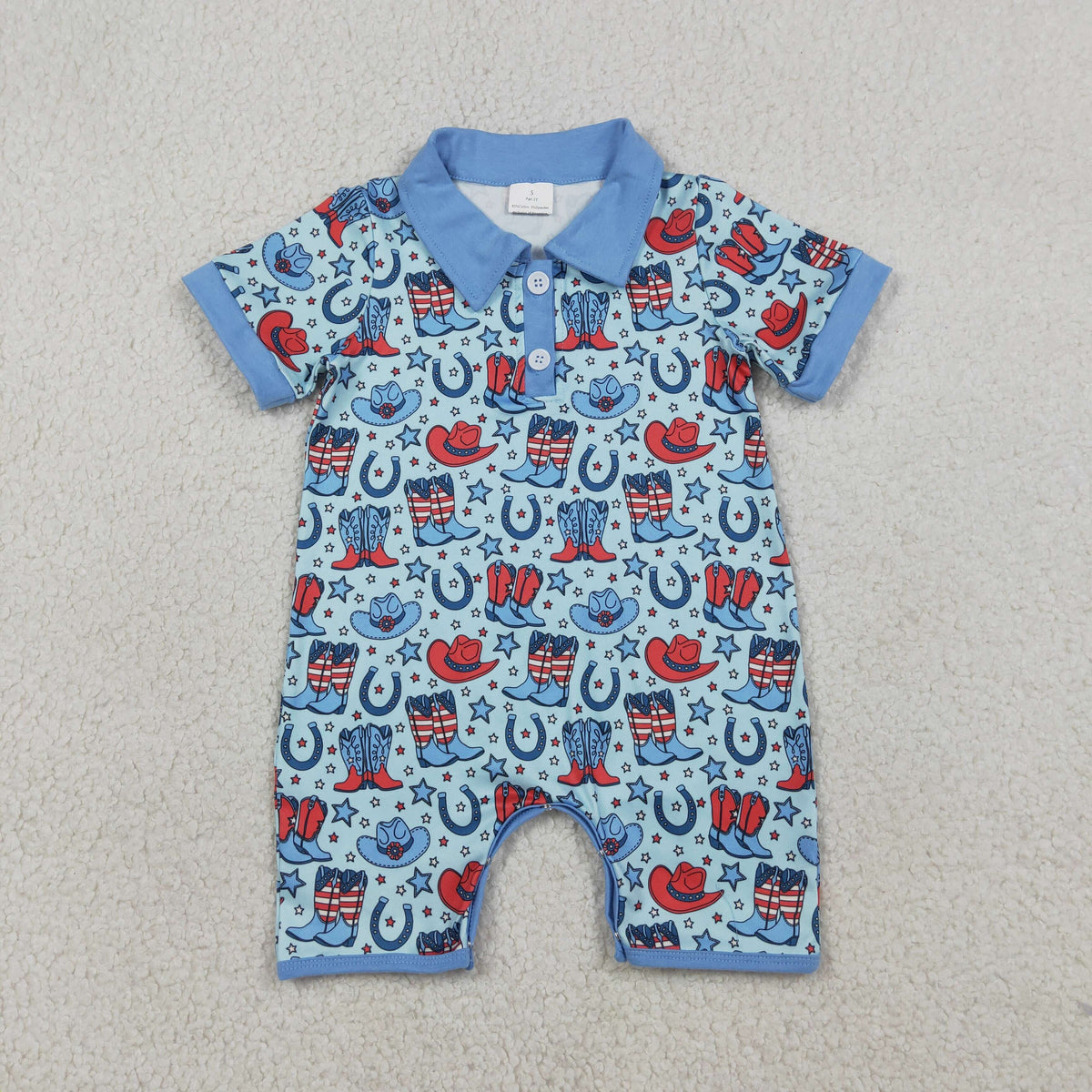 NO MOQ RTS SR3884 Baby Boy Clothes Cowboy Boot Hat Horseshoe Print Short Sleeve Polo Romper 202610