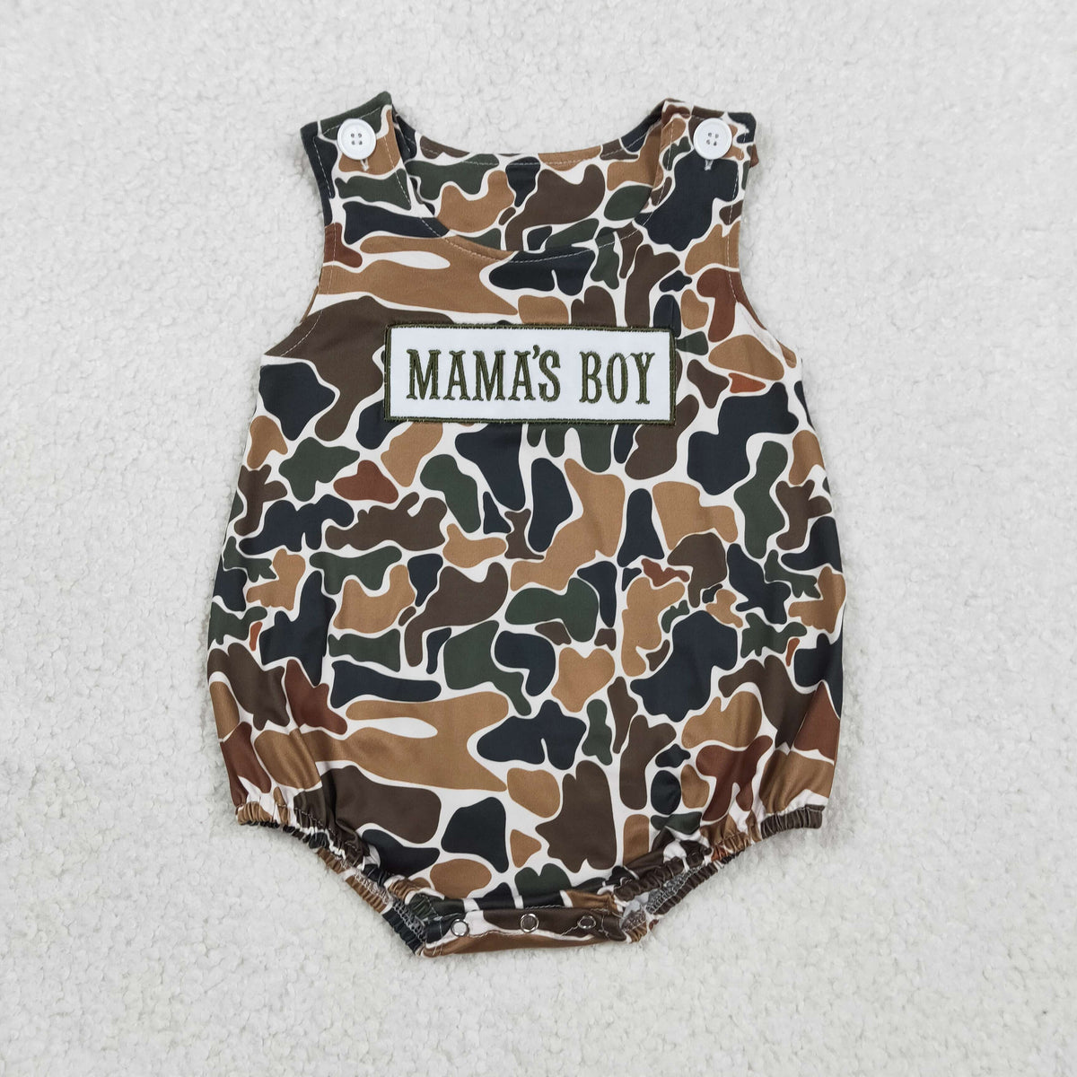 NO MOQ RTS SR3908 Baby Boy Clothes MAMA'S BOY Letter Patch Classic Retro Camo Print Sleeveless Bubble Romper 202610