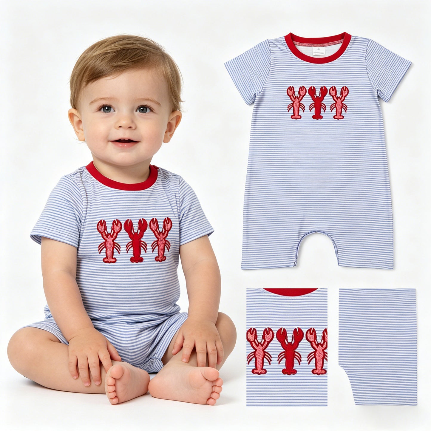 SR4007 cray fish embroidery boy romper 202605 RTS