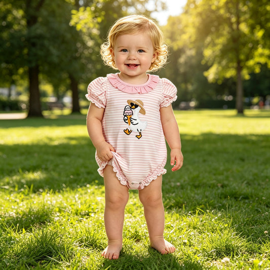 NO MOQ RTS SR4101-embroidery(2) Baby Girl Clothes Ice Cream Duck Embroidery Striped Mixed Print Short Sleeve Bubble Romper 202609