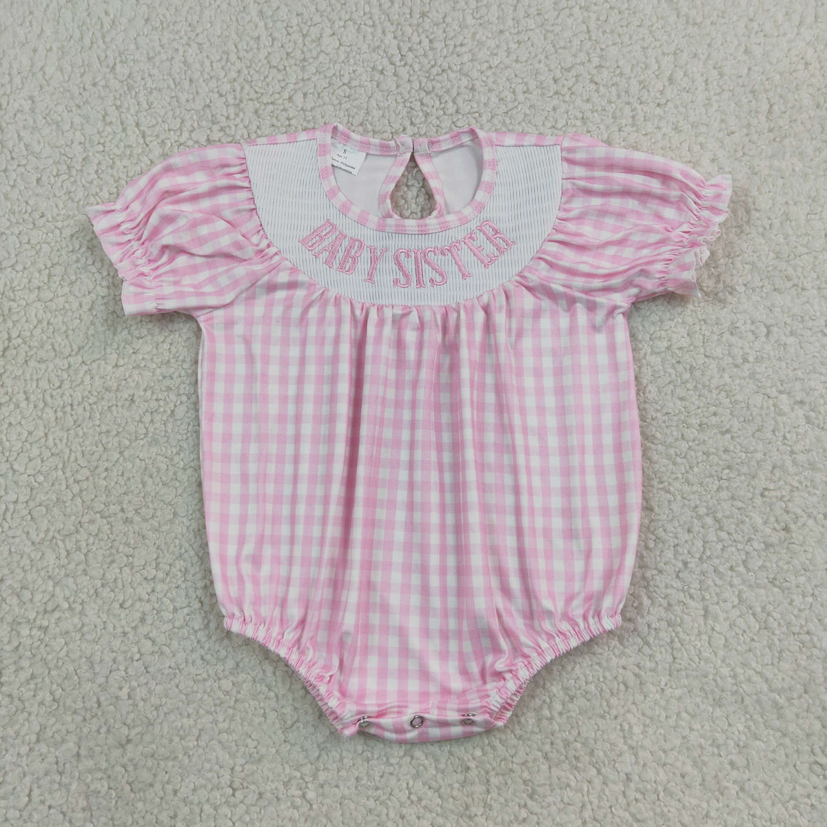 NO MOQ RTS SR4230-smocked Baby Girl Clothes Pink Gingham BABY SISTER Embroidery Print Short Sleeve Bubble Romper 202609