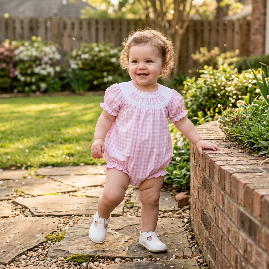 NO MOQ RTS SR4230-smocked Baby Girl Clothes Pink Gingham BABY SISTER Embroidery Print Short Sleeve Bubble Romper 202609