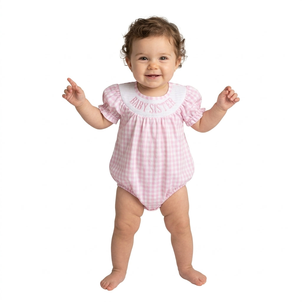 NO MOQ RTS SR4230-smocked Baby Girl Clothes Pink Gingham BABY SISTER Embroidery Print Short Sleeve Bubble Romper 202609