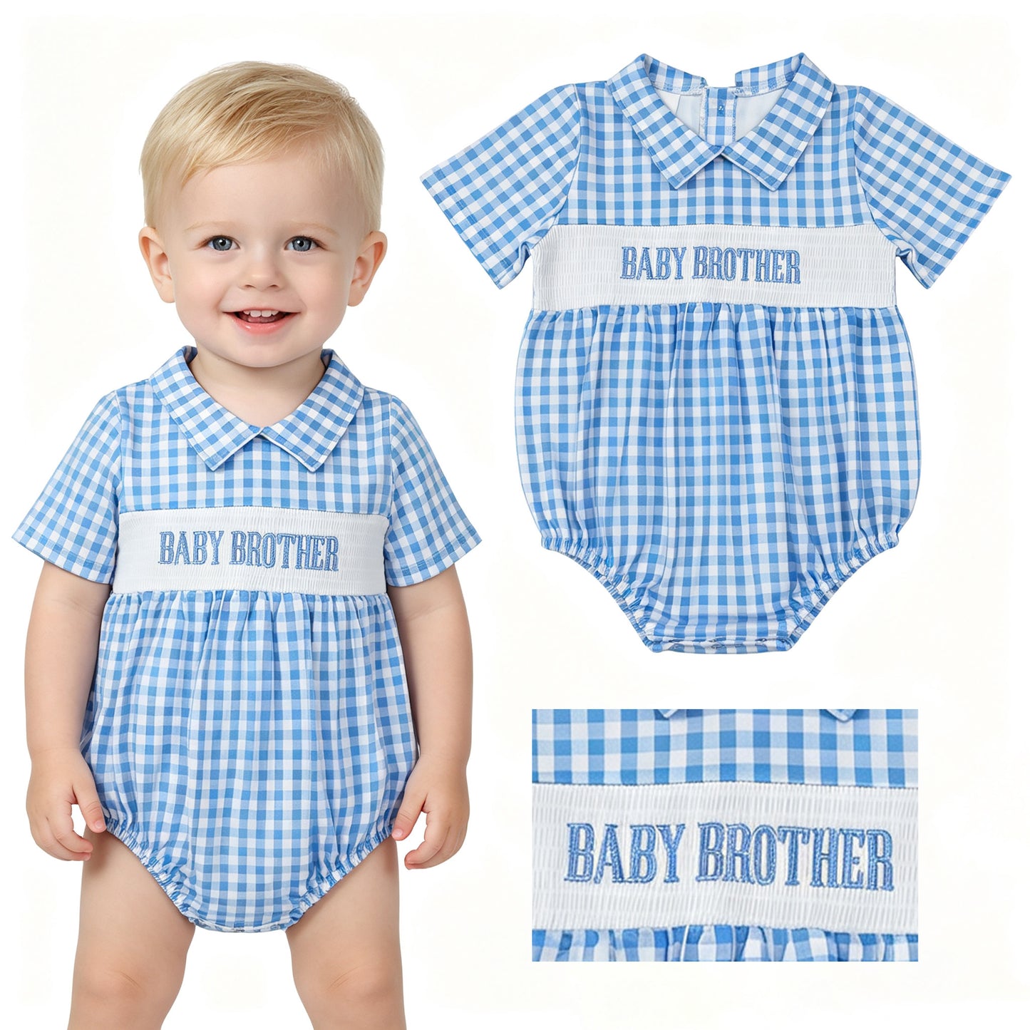 SR4231 blue Checkboard plaid SMOCKED boy romper 202607 RTS