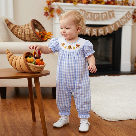 NO MOQ RTS SR4276-smocked Baby Girl Clothes Blue Gingham Print Short Sleeve Turkey Embroidery Bubble Jumpsuit Romper 202610