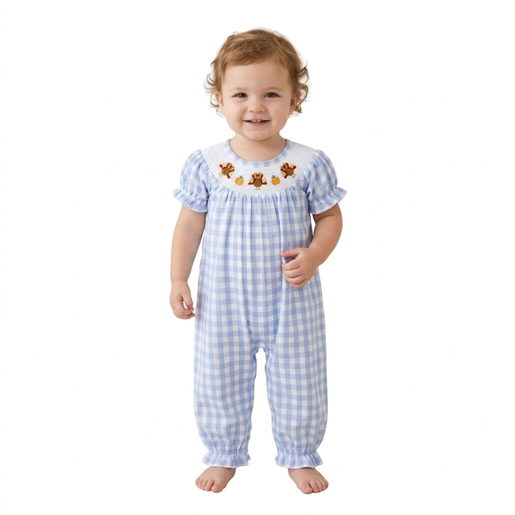 NO MOQ RTS SR4276-smocked Baby Girl Clothes Blue Gingham Print Short Sleeve Turkey Embroidery Bubble Jumpsuit Romper 202610