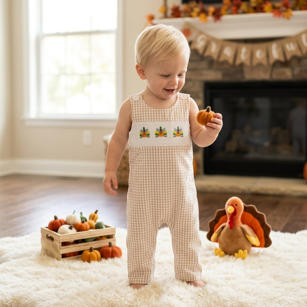 NO MOQ RTS SR4277-smocked Baby Boy Girl Clothes Beige Gingham Print Sleeveless Turkey Embroidery Overalls Romper 202610