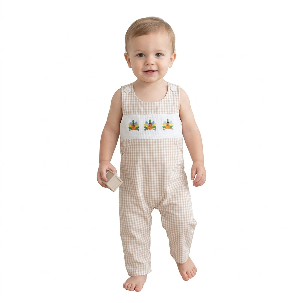 NO MOQ RTS SR4277-smocked Baby Boy Girl Clothes Beige Gingham Print Sleeveless Turkey Embroidery Overalls Romper 202610