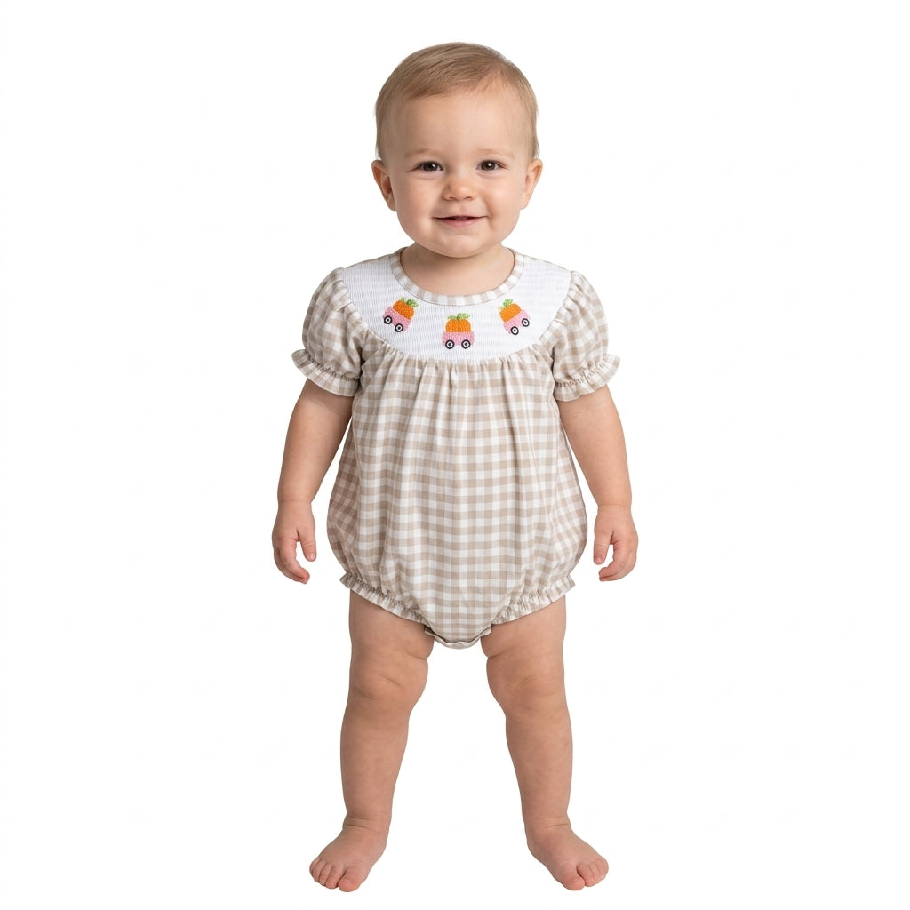 NO MOQ RTS SR4280-smocked (2) Baby Girl Clothes Carrot Truck Embroidery Gingham Check Short Sleeve Bubble Romper 202610