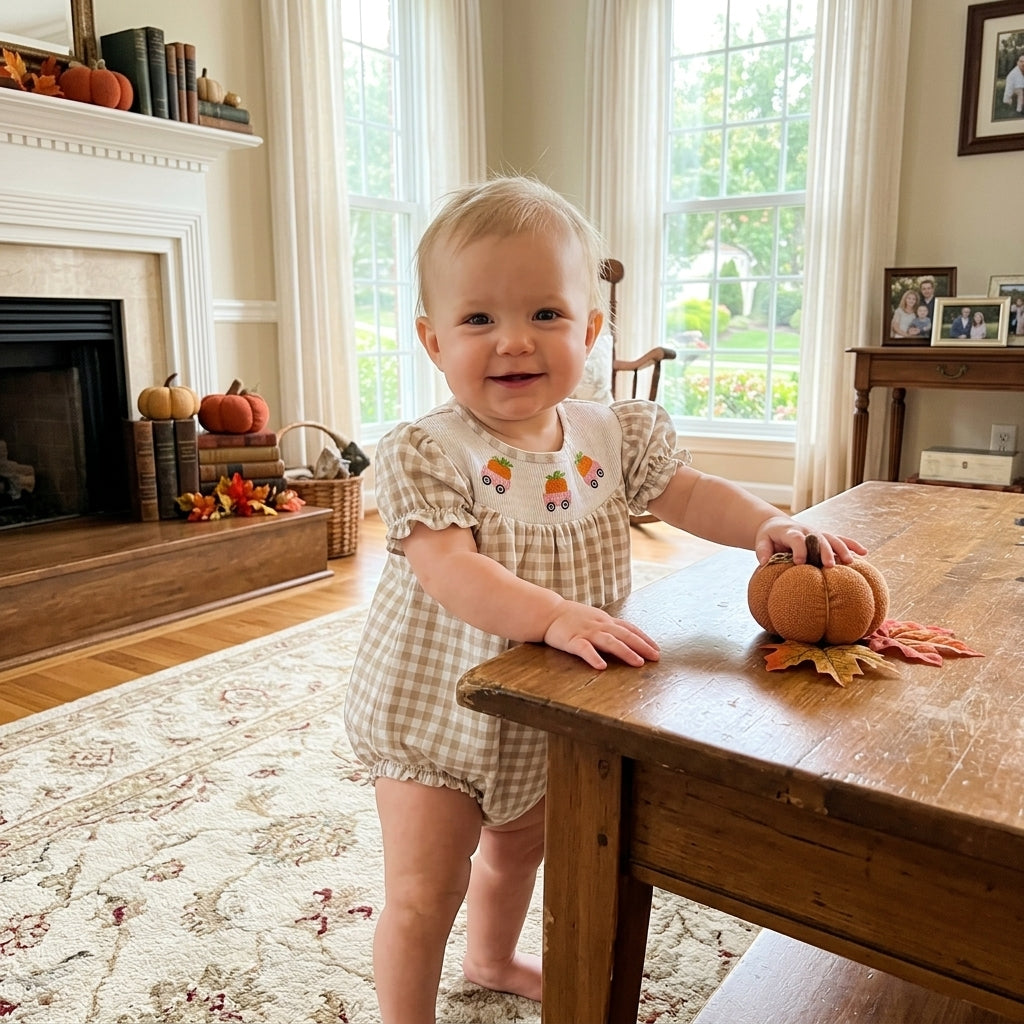 NO MOQ RTS SR4280-smocked (2) Baby Girl Clothes Carrot Truck Embroidery Gingham Check Short Sleeve Bubble Romper 202610