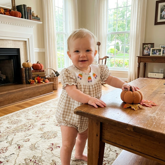 NO MOQ RTS SR4280-smocked (2) Baby Girl Clothes Carrot Truck Embroidery Gingham Check Short Sleeve Bubble Romper 202610