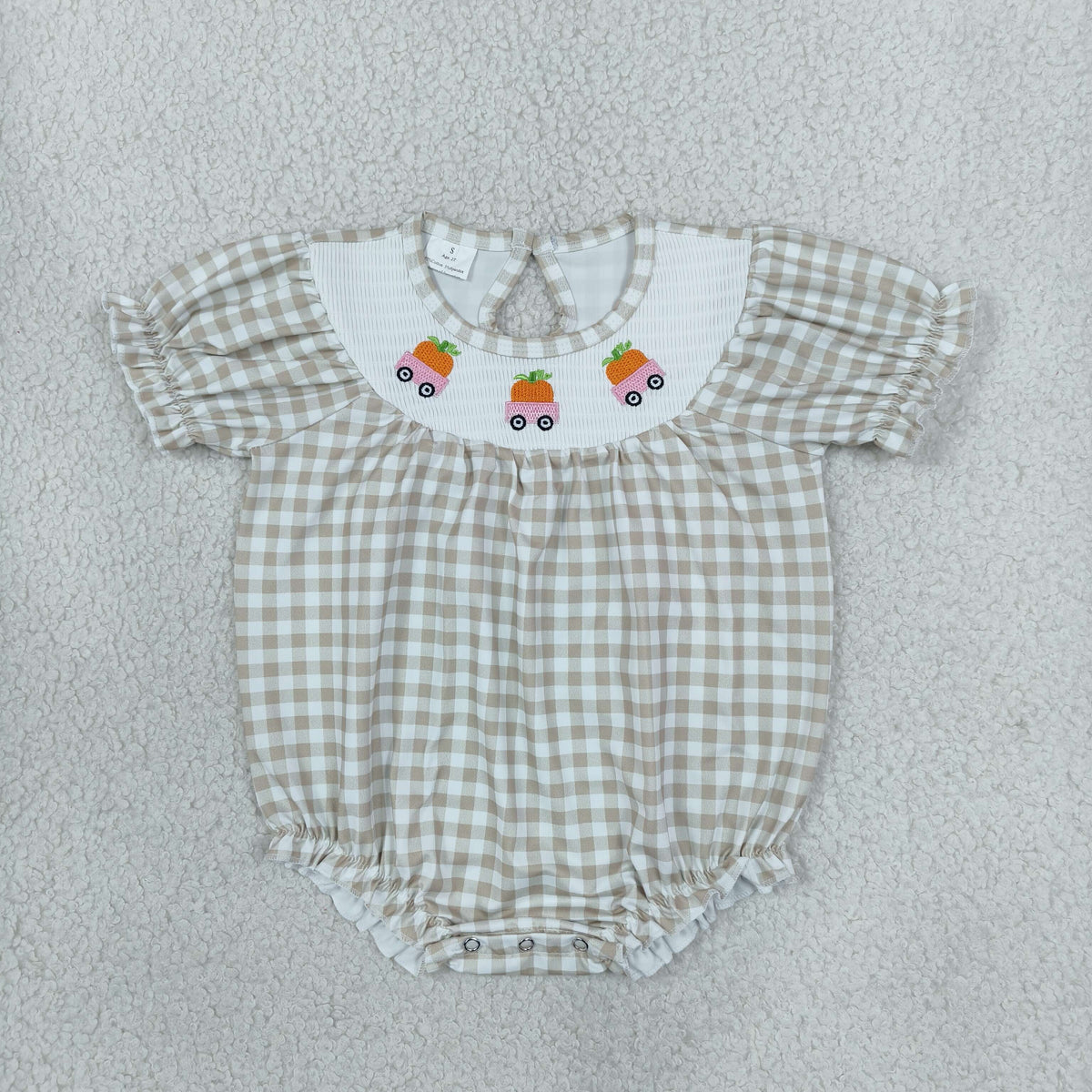 NO MOQ RTS SR4280-smocked (2) Baby Girl Clothes Carrot Truck Embroidery Gingham Check Short Sleeve Bubble Romper 202610