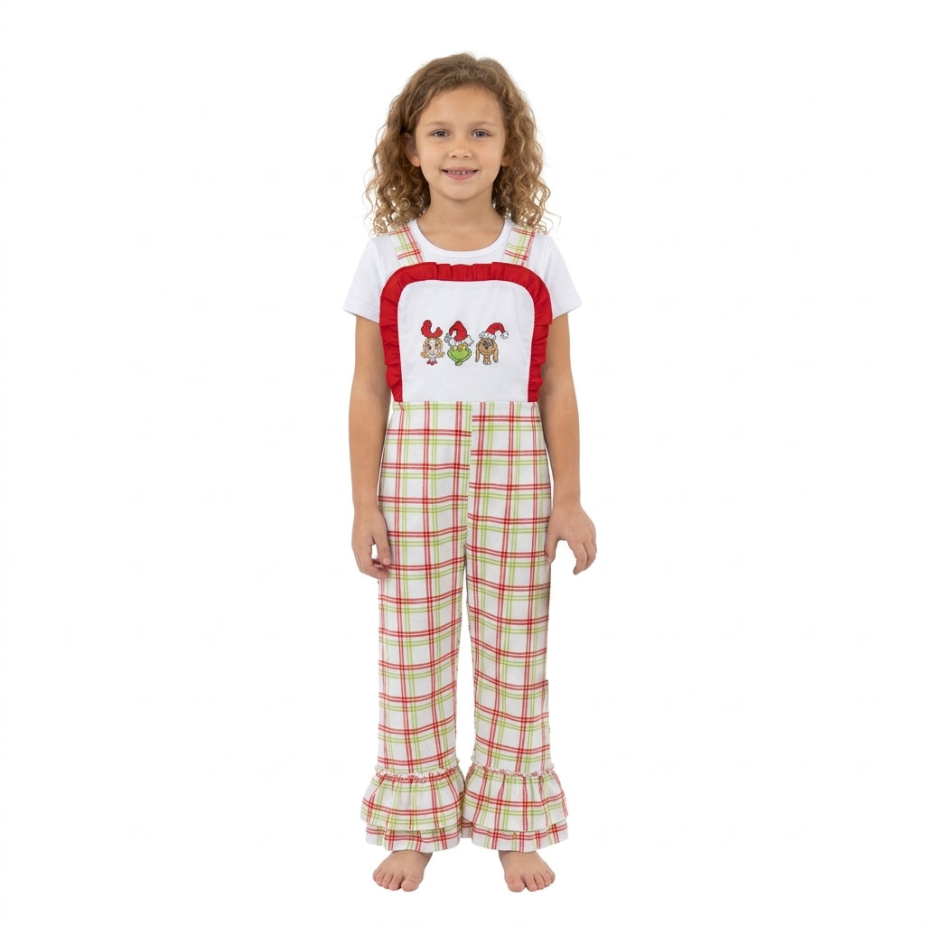 NO MOQ RTS SR4282 Baby Girl Clothes Christmas Cartoon Embroidery Plaid Ruffle Suspender Overall 202610