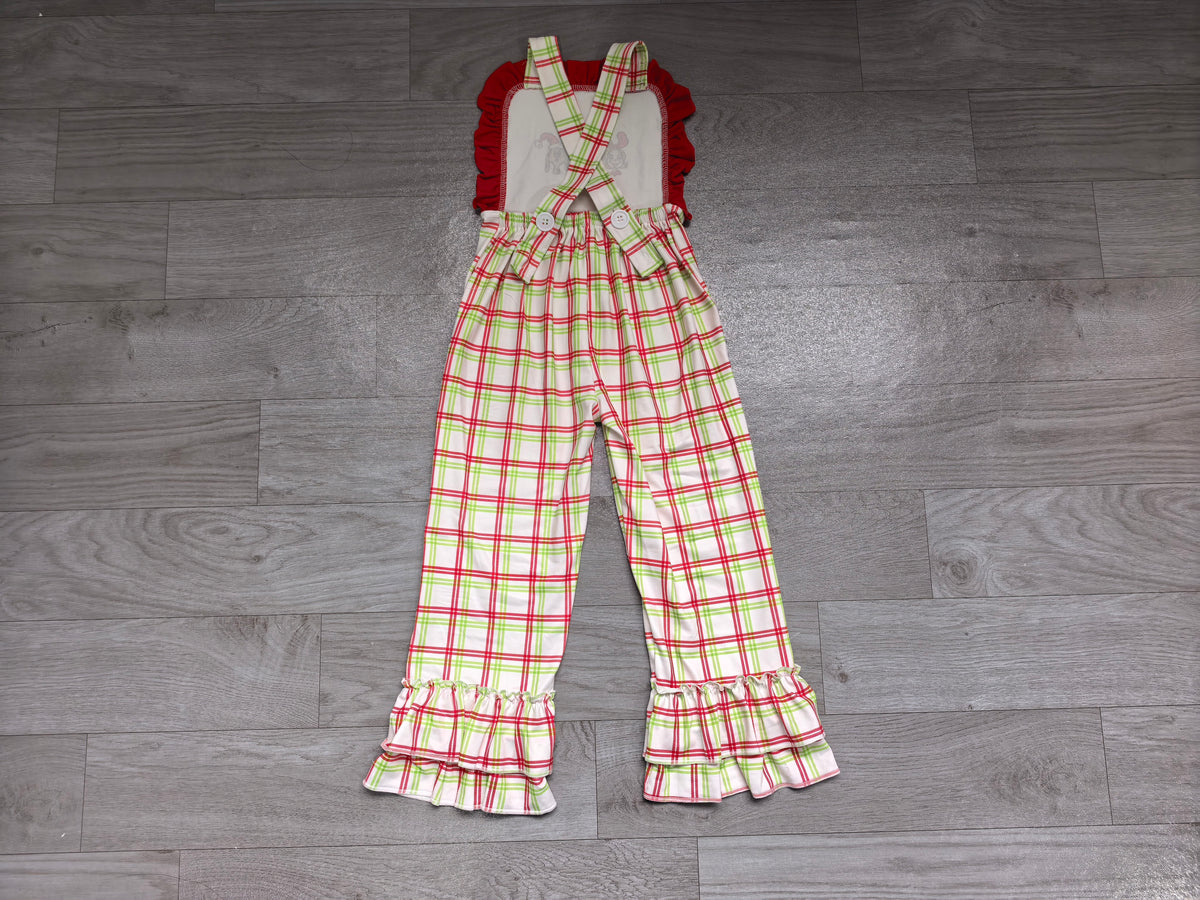 Sample-Real Pics SR4282 Baby Girl Clothes Christmas Plaid Cartoon Character Print Sleeveless Ruffle Flare Overalls