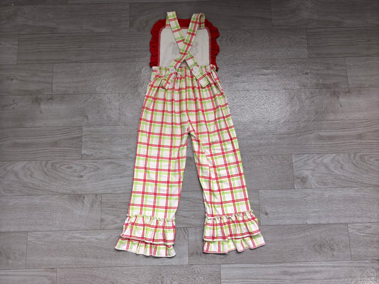 Sample-Real Pics SR4282 Baby Girl Clothes Christmas Plaid Cartoon Character Print Sleeveless Ruffle Flare Overalls