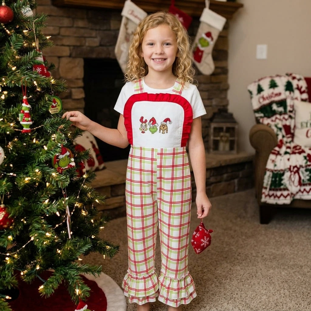 NO MOQ RTS SR4282 Baby Girl Clothes Christmas Cartoon Embroidery Plaid Ruffle Suspender Overall 202610