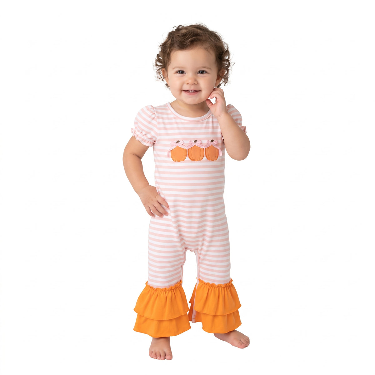 NO MOQ RTS SR4284 Pumpkin Embroidery Kids girl romper