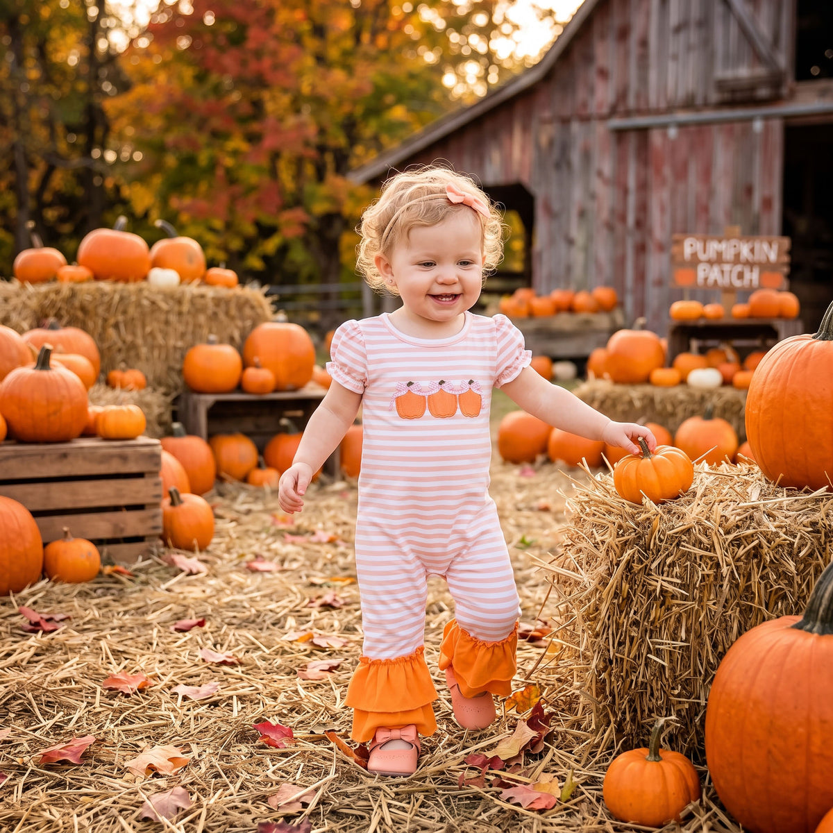 NO MOQ RTS SR4284 Pumpkin Embroidery Kids girl romper