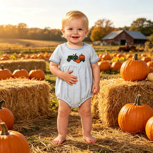 NO MOQ RTS SR4286-embroidery(2) Baby Girl Clothes Tractor Pumpkin Embroidery Striped Mixed Print Short Sleeve Bubble Romper 202609