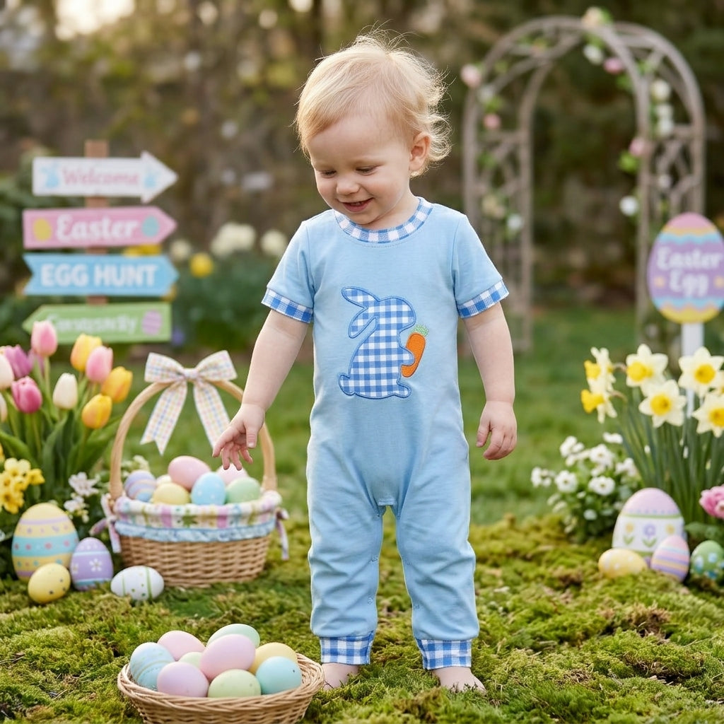 NO MOQ RTS SR4297-embroidery Baby Boy Clothes Easter Gingham Bunny Carrot Embroidery Short Sleeve Romper 202610